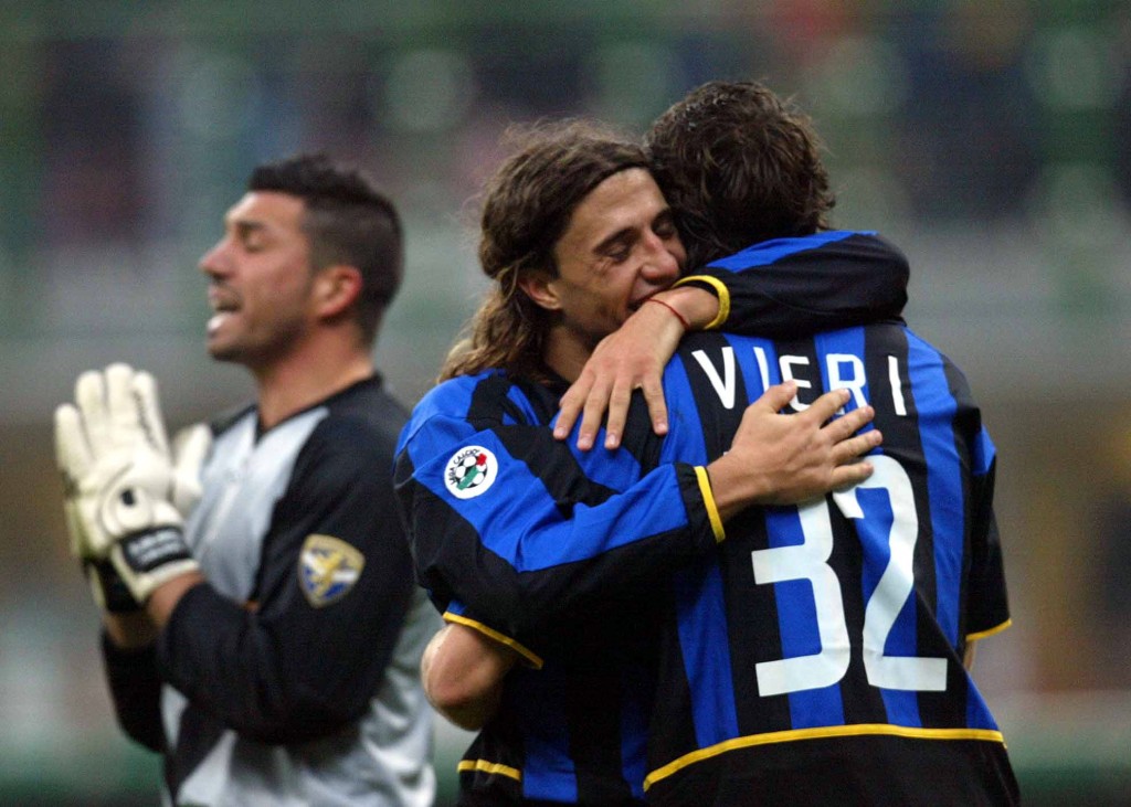Christian Vieri of Inter Milan celebrates with Hernan Crespo