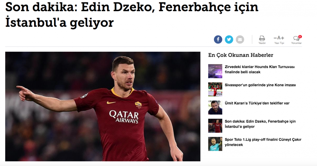 Inter, bomba di mercato dalla Turchia. Dzeko parla col Fenerbahce
