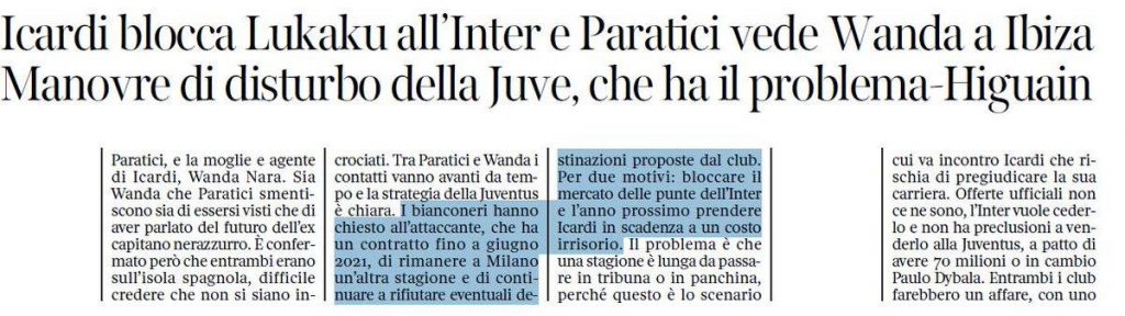 Il Corriere della Sera sul caso Icardi