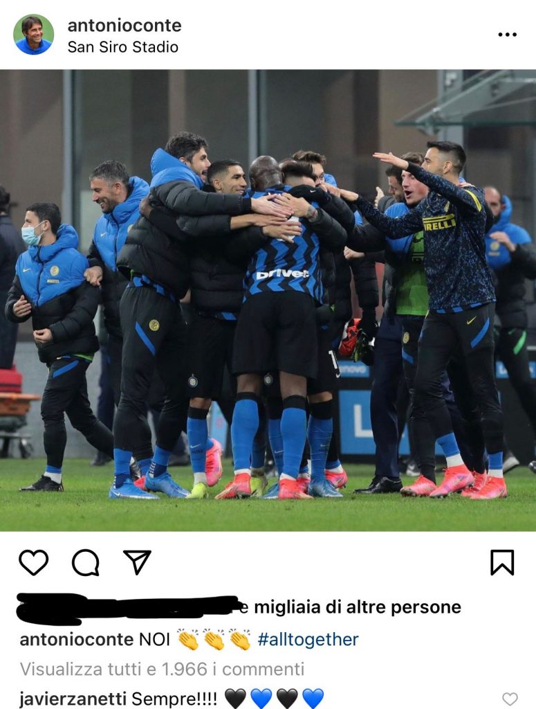 Inter, Conte condivide l'abbraccio del gruppo, Noi. E arriva il commento di Zanetti