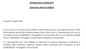Lazio, comunicata la cessione di Correa