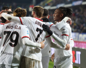 EMPOLI, ITALY - FEBRUARY 08: Rafael Leao of AC Milan celebrates with Joao Felix after scoring the goal during the Serie A match between Empoli and AC Milan at Stadio Carlo Castellani on February 08, 2025 in Empoli, Italy. (Photo by Claudio Villa/AC Milan via Getty Images)