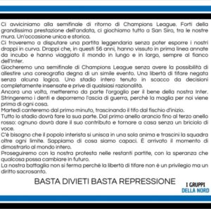 il comunicato dei gruppi della Nord Inter Barcellona