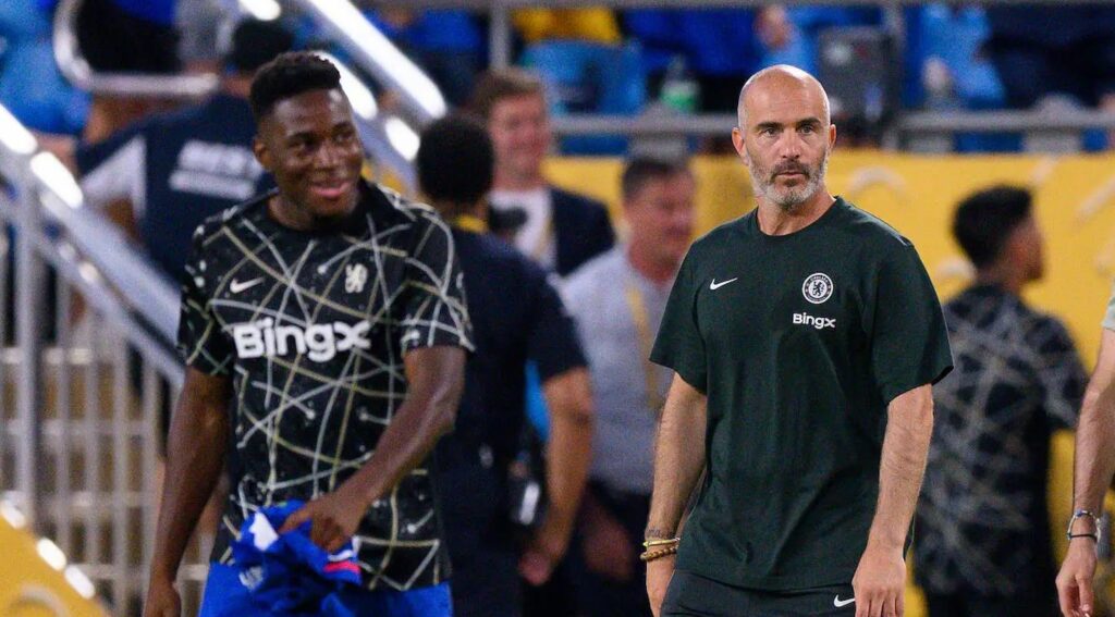 Chelsea FC Head Coach Enzo Maresca walks in the field following the FIFA Club World Cup 2025 round of 16 match between SL Benfica and Chelsea FC at Bank of America Stadium