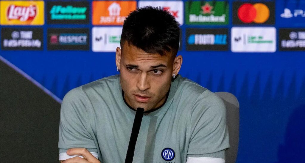 Lautaro Martinez of FC Internazionale speaks during the Press Conference