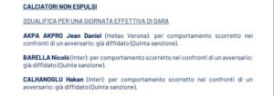 ratifica squalifica barella calhanoglu inter lecce